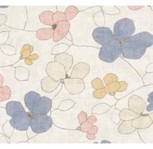 Vliesbehang met bloemenpatroon, handgetekende bloemen en bladeren in blauw, roze, geel en beige, modern design.