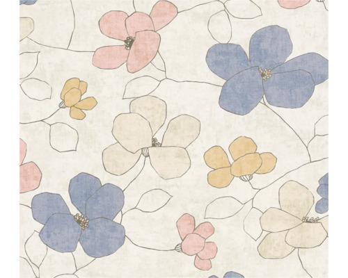 Vliesbehang met bloemenpatroon, handgetekende bloemen en bladeren in blauw, roze, geel en beige, modern design.