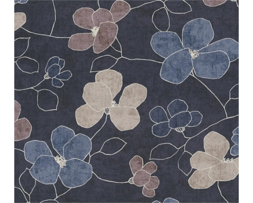 Vliesbehang met bloemenpatroon in blauw, beige en roze met grote bloemen en fijne lijnen.