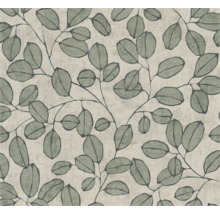 Vliesbehang met botanisch bladpatroon van groene eucalyptustakken.