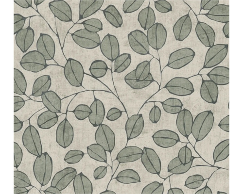 Vliesbehang met botanisch bladpatroon van groene eucalyptustakken.