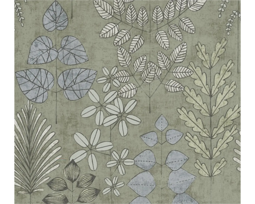 Behang met botanisch patroon van verschillende bladeren met fijne lijnen.