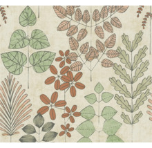 Behang met botanisch patroon van verschillende gestileerde bladeren in groen en roodbruin.