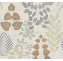 Behang met botanisch bladmotief in beige, blauw en grijs