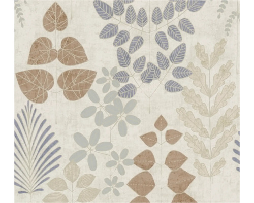 Behang met botanisch bladmotief in beige, blauw en grijs