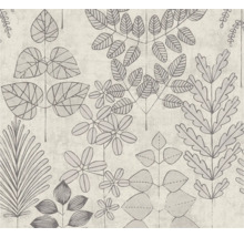 Vliesbehang met botanisch bladpatroon met diverse motieven zoals varens en palmbladeren op een gestructureerd oppervlak.