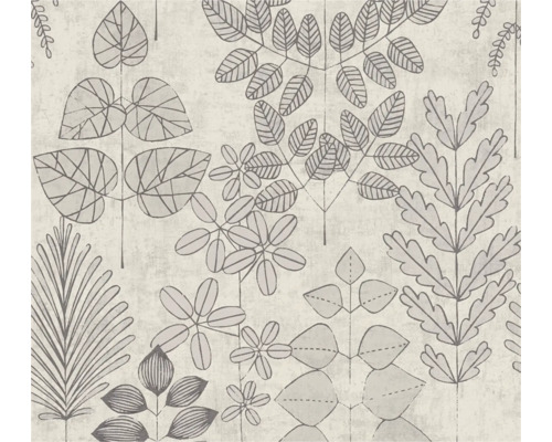 Vliesbehang met botanisch bladpatroon met diverse motieven zoals varens en palmbladeren op een gestructureerd oppervlak.