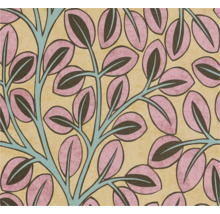 Behang met grafisch bladerpatroon in roze en blauw op een beige achtergrond.