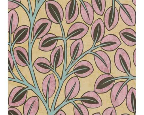 Behang met grafisch bladerpatroon in roze en blauw op een beige achtergrond.