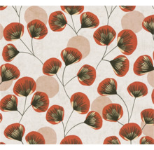Behang met bloemenpatroon van rode bloemen op zwarte stelen en subtiele cirkels op een achtergrond met structuur.