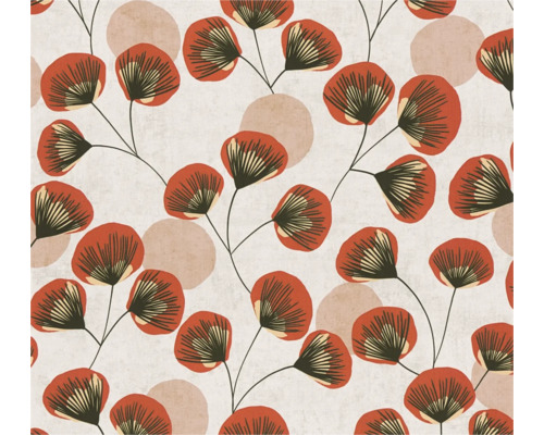 Behang met bloemenpatroon van rode bloemen op zwarte stelen en subtiele cirkels op een achtergrond met structuur.