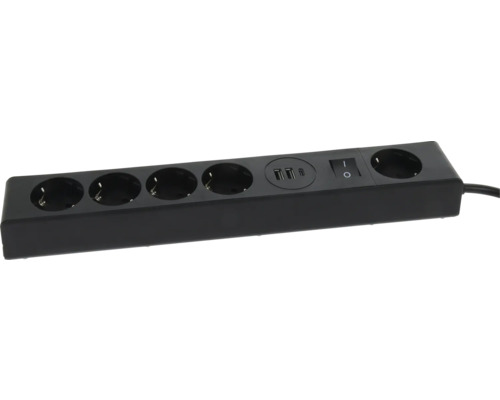 Zwarte stekkerdoos 5-voudig met schakelaar, twee USB-A-poorten en een USB-C-poort.