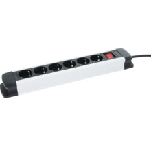 Witte en zwarte stekkerdoos met 6 stopcontacten en verlichte aan- en uitschakelaar.