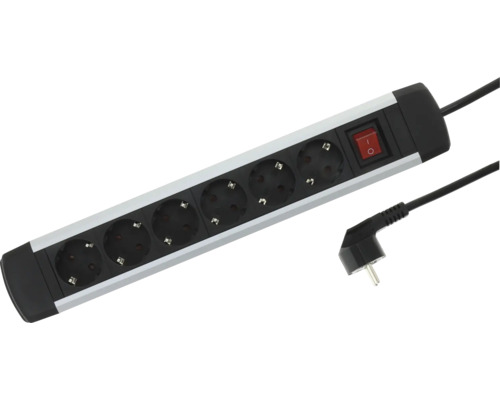 Aluminium stekkerdoos met 6 stopcontacten, verlichte schakelaar en haakse stekker.