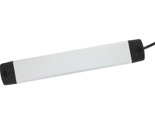 Slanke LED-onderbouwverlichting met witte behuizing, zwarte eindkappen en geïntegreerde aansluitkabel.