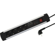 Stekkerdoos met 4 stopcontacten, 2 USB-poorten, aan-uitschakelaar en haakse stekker in zwart en zilver.