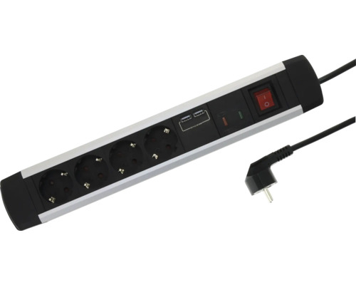 Stekkerdoos met 4 stopcontacten, 2 USB-poorten, aan-uitschakelaar en haakse stekker in zwart en zilver.