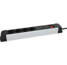 Stekkerdoos in wit en zwart met 4 stopcontacten, 2 USB-poorten, overspanningsbeveiliging en aan-uit-schakelaar.