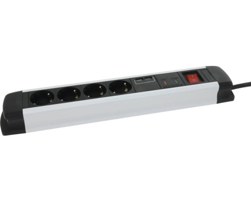 Stekkerdoos in wit en zwart met 4 stopcontacten, 2 USB-poorten, overspanningsbeveiliging en aan-uit-schakelaar.