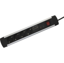 Stekkerdoos met 4 stopcontacten, 2 USB-poorten en verlichte aan-uitschakelaar.