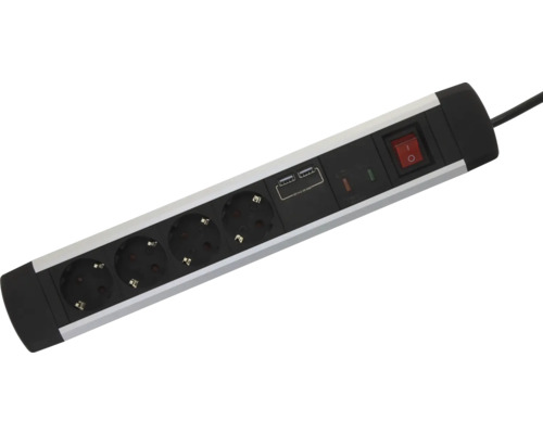 Stekkerdoos met 4 stopcontacten, 2 USB-poorten en verlichte aan-uitschakelaar.