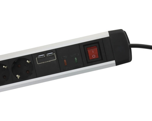 Stekkerdoos met twee USB-laadpoorten, verlichte tuimelschakelaar en statusindicatielampjes.