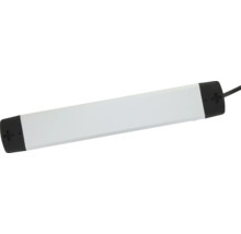 LED onderbouwverlichting met wit lichtoppervlak, zwarte eindkappen en aansluitkabel.