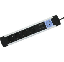 Master-slave stekkerdoos van aluminium en kunststof met één blauw master-stopcontact en vier zwarte slave-stopcontacten.