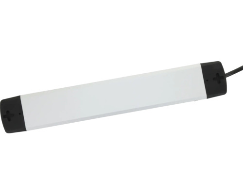 Platte LED-onderbouwlamp voor meubels in wit met zwarte eindkappen en aansluitkabel.