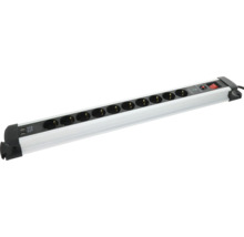 Stekkerdoos van aluminium met 10 stopcontacten, 2 USB-poorten, overspanningsbeveiliging en verlichte schakelaar.