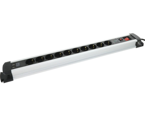 Stekkerdoos van aluminium met 10 stopcontacten, 2 USB-poorten, overspanningsbeveiliging en verlichte schakelaar.