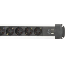 Kunststof stekkerdoos in grijs en wit met randaarde stopcontacten en twee USB-poorten.