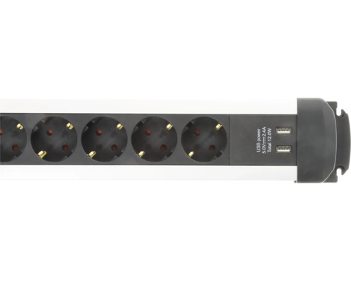 Kunststof stekkerdoos in grijs en wit met randaarde stopcontacten en twee USB-poorten.