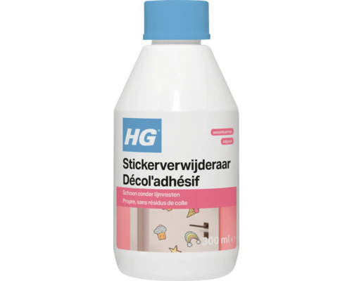 HG stickerverwijderaar in een fles van 300 milliliter voor het verwijderen van stickers en lijmresten zonder residu.
