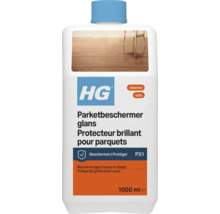 HG Logo. Parketbeschermer glans 1000 milliliter, fles voor het beschermen van parketvloeren tegen krassen en slijtage.