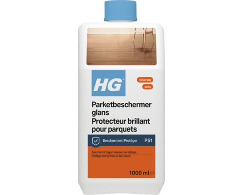 HG Logo. Parketbeschermer glans 1000 milliliter, fles voor het beschermen van parketvloeren tegen krassen en slijtage.