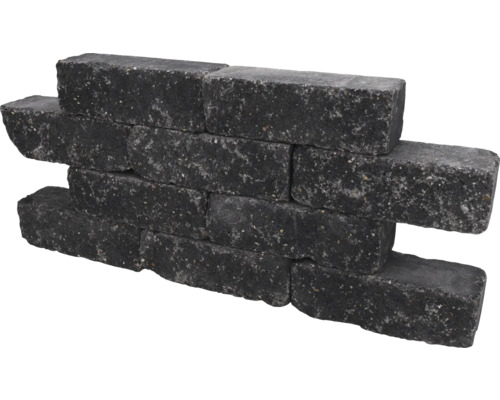 Stapelblokken van beton in antraciet met een gestructureerd oppervlak, opgestapeld als een muur.