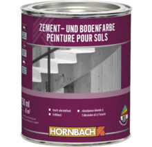 Hornbach cement- en vloerverf, 750 milliliter, zeer slijtvast, voor betonvloeren en trappen, verbruik circa 8 vierkante meter. Hornbach Logo.