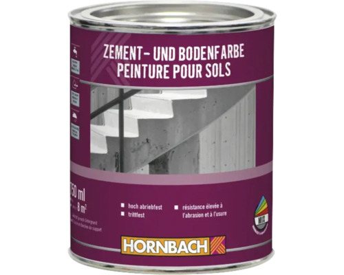 Hornbach cement- en vloerverf, 750 milliliter, zeer slijtvast, voor betonvloeren en trappen, verbruik circa 8 vierkante meter. Hornbach Logo.
