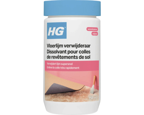 HG vloerlijm verwijderaar in een witte 750 milliliter fles met blauwe dop en HG Logo.