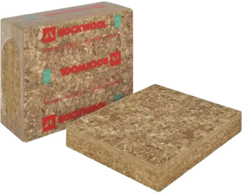 Rockwool steenwol isolatieplaat voor een verpakking met Rockwool Logo.