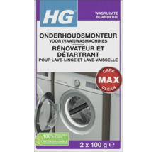 HG Logo. Onderhoudsmonteur voor vaatwasmachines en wasmachines, 2 keer 100 gram. Reiniger voor onderhoud, biologisch afbreekbaar en recyclebaar.