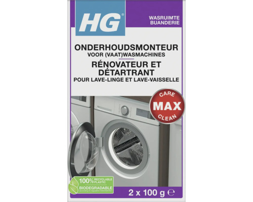 HG Logo. Onderhoudsmonteur voor vaatwasmachines en wasmachines, 2 keer 100 gram. Reiniger voor onderhoud, biologisch afbreekbaar en recyclebaar.