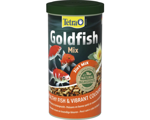 Tetra Pond Goldfish Mix drie in één, visvoer voor vijvergoudvissen, natuurlijke ingrediënten zonder conserveermiddelen voor gezondheid en kleur.