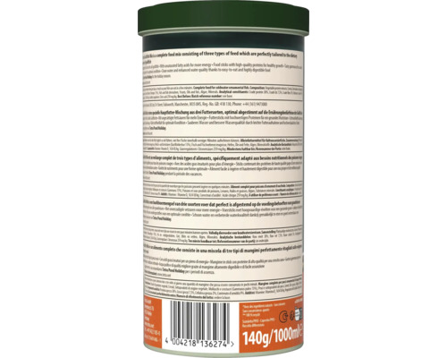 Achterkant van een bus Goldfish Mix visvoer met ingrediënten, voedingsinstructies, barcode en de vermelding van 140 gram en 1000 milliliter.