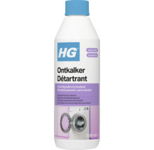 Witte fles HG Ontkalker met blauwe dop voor warmwaterapparaten en wasmachines, 500 milliliter.