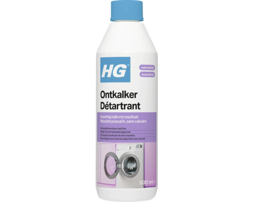 Witte fles HG Ontkalker met blauwe dop voor warmwaterapparaten en wasmachines, 500 milliliter.
