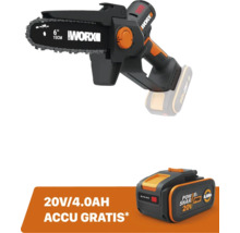 Worx accu mini-kettingzaag 20 Volt met 15 centimeter zwaardlengte en een extra gratis 20 Volt 4,0 Ampère-uur accu.