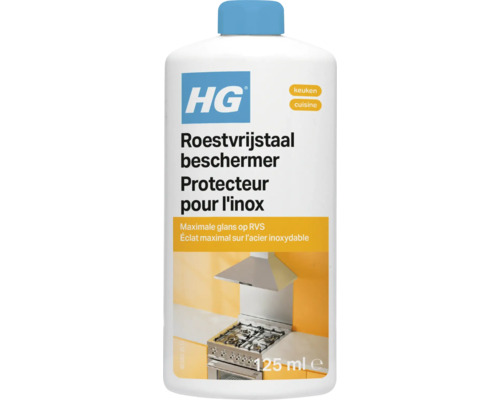 Witte fles met blauwe dop, HG Logo, Roestvrijstaal beschermer voor de keuken, 125 milliliter, voor maximale glans op roestvrij staal.