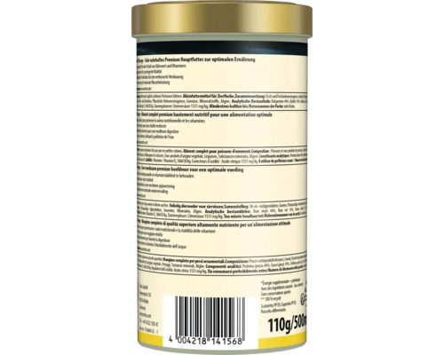 Tetra Energy premium hoofdvoer voor siervissen, achterkant van het blik met ingrediënten en streepjescode